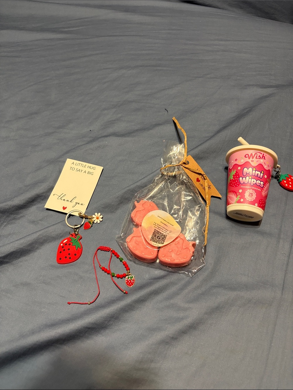 Strawberry Keychain Charm with bracelet and 3 strawberry mini goat milk soaps - Picture 3 of 17